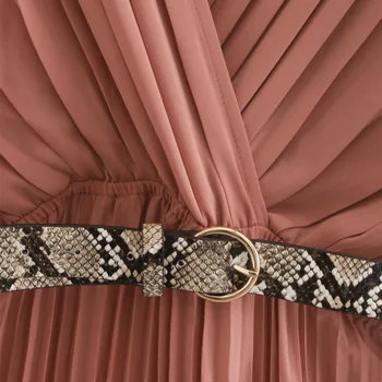 Wężowa wzór pas V-neck z długim rękawem plisowana eleganckie sukienki damskie francuski retro moda osobowość kobieca sukienka