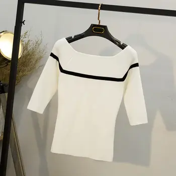 Z Ramienia Top Koreański Sexy Koszula Kobiety Czarny Biały T-Shirt Bawełna Stretch Z Dzianiny Rękawy Łodzi Szyje Odzież Damska Casual