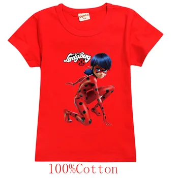 Z krótkim rękawem dziewczyna koszulka kreskówka Redbug dziewczyna koszule dzieci top moda dziewczyny odzież Chrząszcz czerwony kostium kot Noir odzież dziecięca