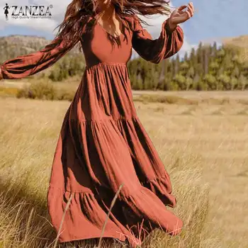 ZANZEA 2021 elegancka sukienka maxi z długim tunika z bujną rękawem Vestidos kobieta jednolity codzienny szlafroki damskie jesienne sukienki plus rozmiar 5XL