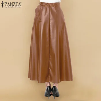 ZANZEA 2021 mody faux skórzane spódnice damskie wysokie elastyczne sukienkę Wiosna zamek błyskawiczny Maxi Vestidos kobieta stałe szlafrok Faldas Saia
