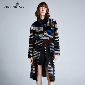 ZIRUNKING New 2020 Women Real Mink Fur Coat Lady stripe sewed Colorful Female Long Fashion Highquality For Autumn Warm ZC1902