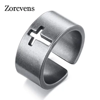 ZORCVENS 2020 New Vintage Hollow Cross Ring for Men Special Surface Finish Stainless Steel Open Finger Band Male Retro Jewelry