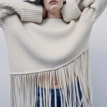 Za swetry Damskie jesień 2020 vintage sweter z frędzlami swetry Oversize elegancki sweterek z długim rękawem Damska odzież Damska odzież wierzchnia