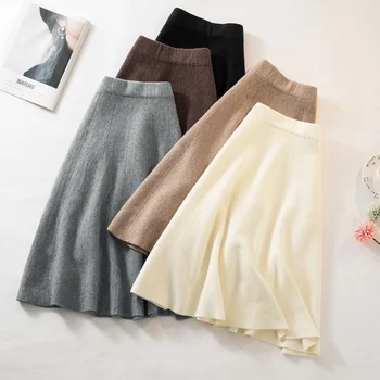 Zimowa wełniana spódnica z dzianiny damska 2020 jesień średniej długości Wysoka Talia A - line z dzianiny bawełniane retro cienka spódnica Plisowana dla kobiet