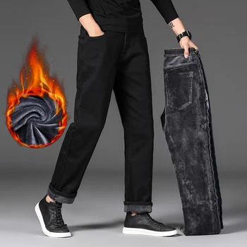 Zimowe spodnie jeansowe męskie bawełna wysokiej jakości gruby polar temat bezpośrednie ciepłe, elastyczne jeansowe czarne spodnie Męskie duży rozmiar 30 do 42 44