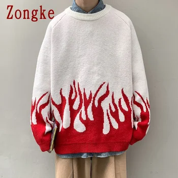 Zongke Flame Print sweter z dzianiny odzież Męska Harajuku swetry sweter męski sweter moda odzież Męska M-2XL 2021