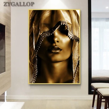 Złota kobieta pod turbanie obraz olejny Złoty płótnie plakaty i druki luksusowe ścienne artystyczne obrazy do salonu quadro decorativo